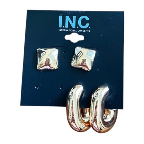 Macy's Shelf Pull INC Brand Puffy Goldtone Set of Two Pierced Earrings NEW - Picture 1 of 3